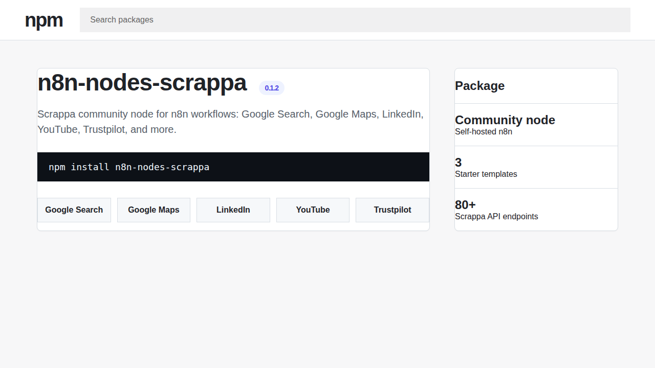 n8n-nodes-scrappa npm package page